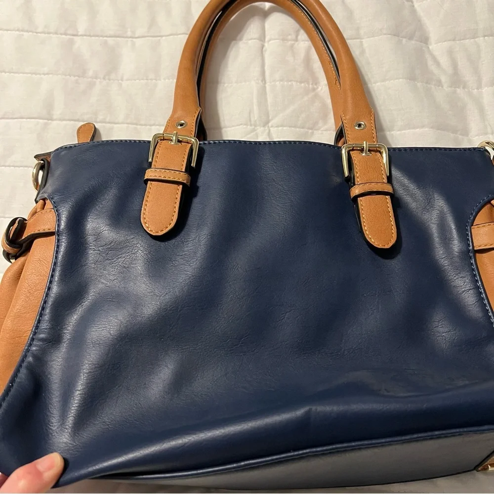 Large Satchel Simply Noelle‎ Bag Navy Blue And Tan